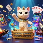 Engage with xoilac's enchanting slot games highlighted by a mummy cat and scarab beetle.