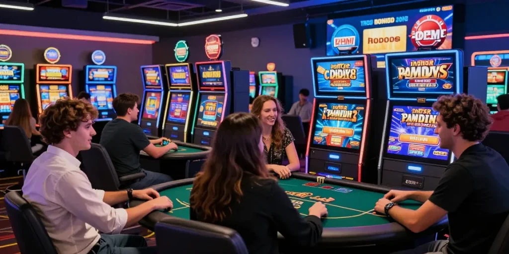 Engaging scene of players enjoying non UK casinos for UK players with vibrant digital gaming options and promotional offers.