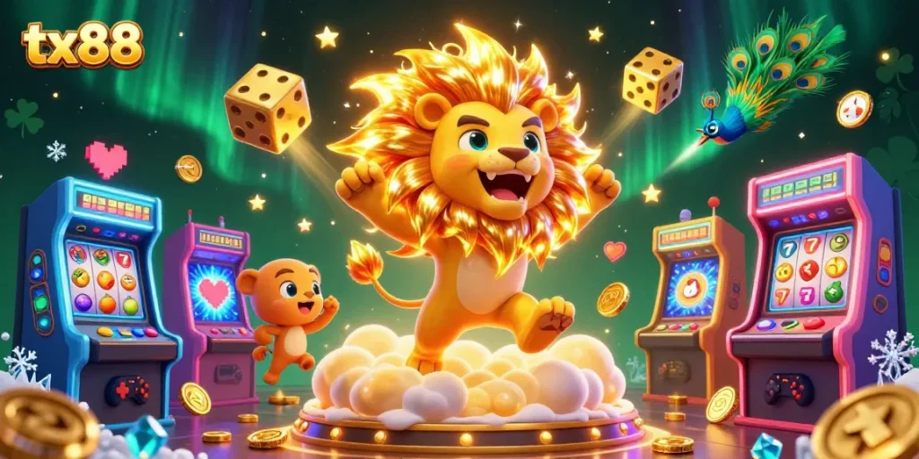tx88 showcase featuring a roaring sun lion surrounded by vibrant gaming and casino elements
