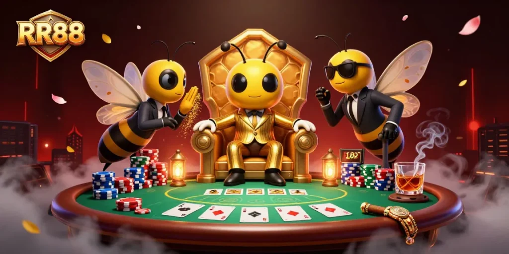 RR88 showcases a lively poker scene with a mob boss, wasp bodyguards, and magical butterfly in a casino.